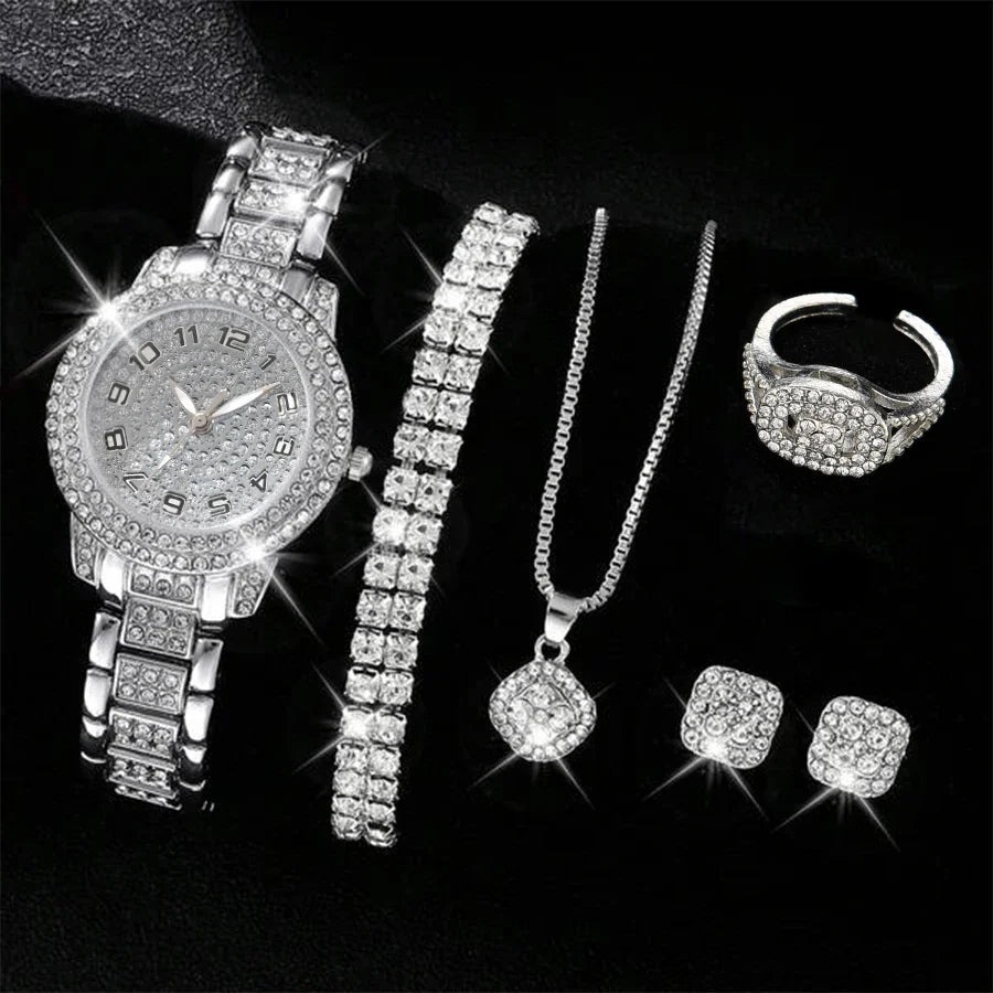 6PCS Women's Elegant Crystal Watch Set – Luxury Alloy Quartz Wristwatches with Rhinestone Bracelet, Perfect Gift for Ladies