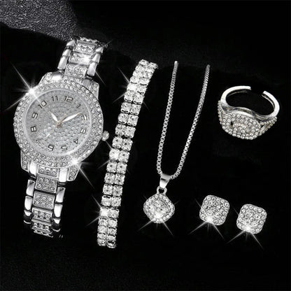 6PCS Women's Elegant Crystal Watch Set – Luxury Alloy Quartz Wristwatches with Rhinestone Bracelet, Perfect Gift for Ladies