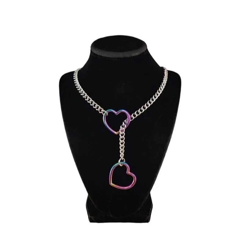 Heart O-Ring Punk Rock Necklace – Stainless Steel Cuban Chain Y-Necklace for Women