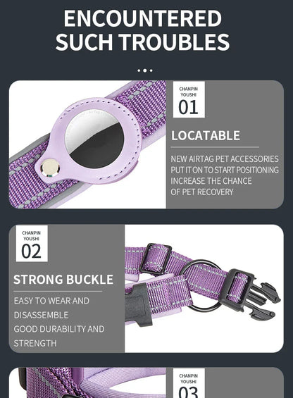 Reflective Heavy-Duty Dog Collar with Adjustable AirTag Holder — For Small, Medium & Large Dogs
