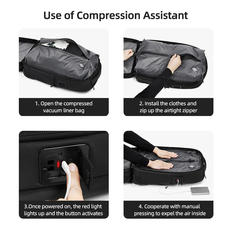 Travel Trolley Vacuum Compression Backpack — Wheeled Rolling Luggage Bag for Men, Boardable Business Travel