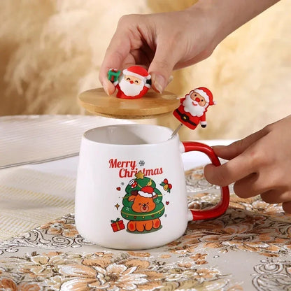 Christmas Gift Ceramic Mug Set - Mug with Lid and Spoon, Perfect Coffee Cup for Holiday Gifting
