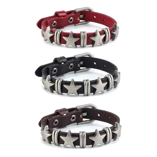 E0BF Goth Vintage Star Leather Alloy Bracelet – Gothic Retro Rock Style Jewelry for Men & Women, Couple Party Accessory