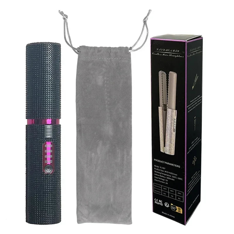 2-in-1 Wireless Hair Straightener & Curler – USB Rechargeable Diamond Design Styling Brush for Travel & Home