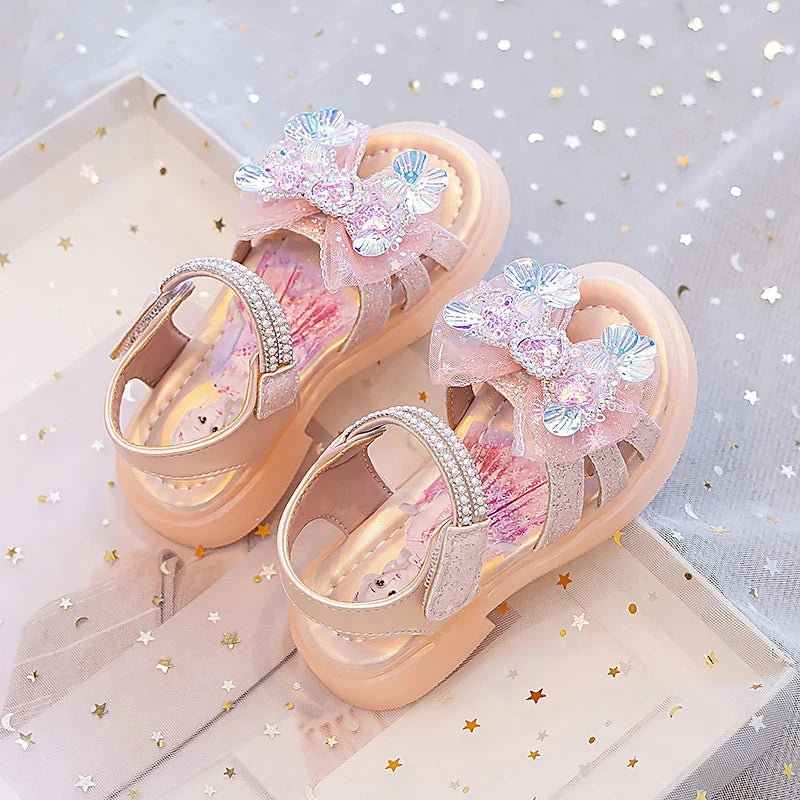Girls' Rhinestone Bow Sandals - Sparkly Pearl Heart Summer Party Shoes