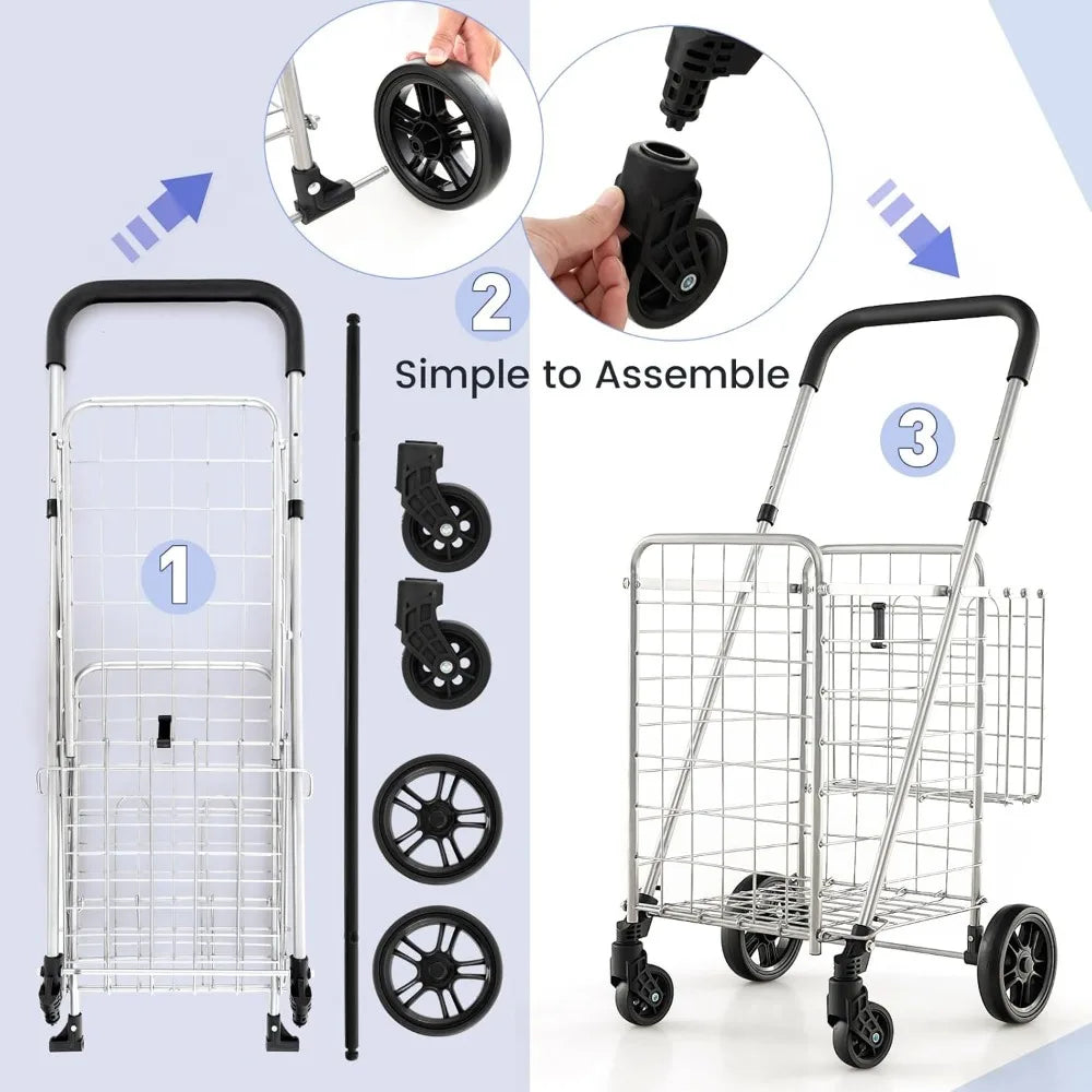 Folding Shopping Trolley with Double Basket, 360° Rotating Wheels & Adjustable Handles - Perfect for Luggage & Travel