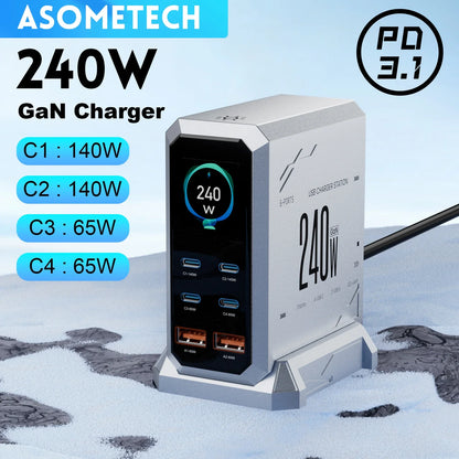 240W GaN Charging Station - 6-in-1 140W PD3.1 PPS USB-C Fast Charger with Digital Display