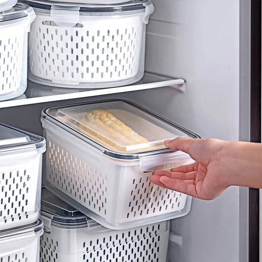 Refrigerator Preservation Storage Box - Drain Basket Containers Sealed Box for Vegetable and Fruit, Food Grade Drain Box