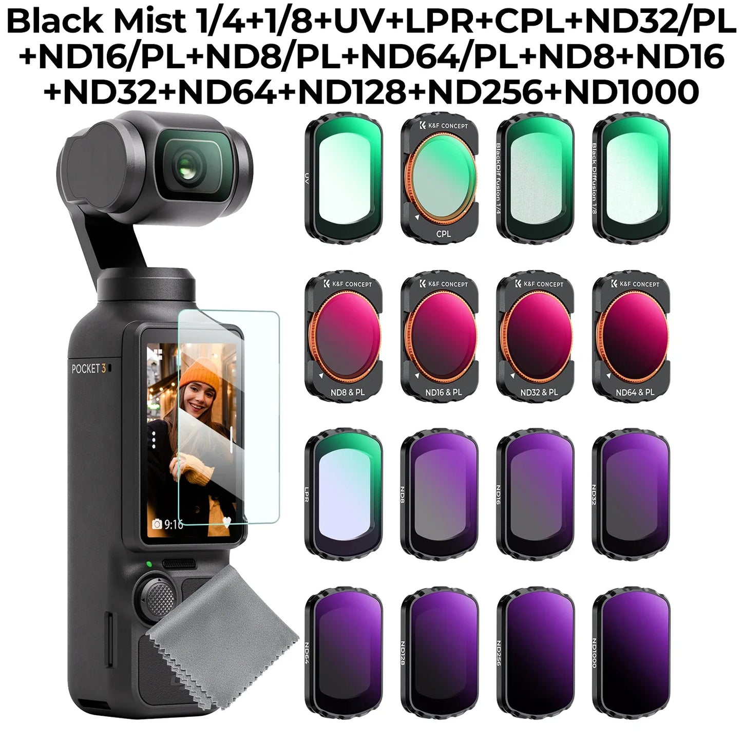 K&F Concept Filter Set for DJI Osmo Pocket 3 – UV, CPL, ND/PL, Black Mist, Star & 1.2X Wide-Angle Lens Effects