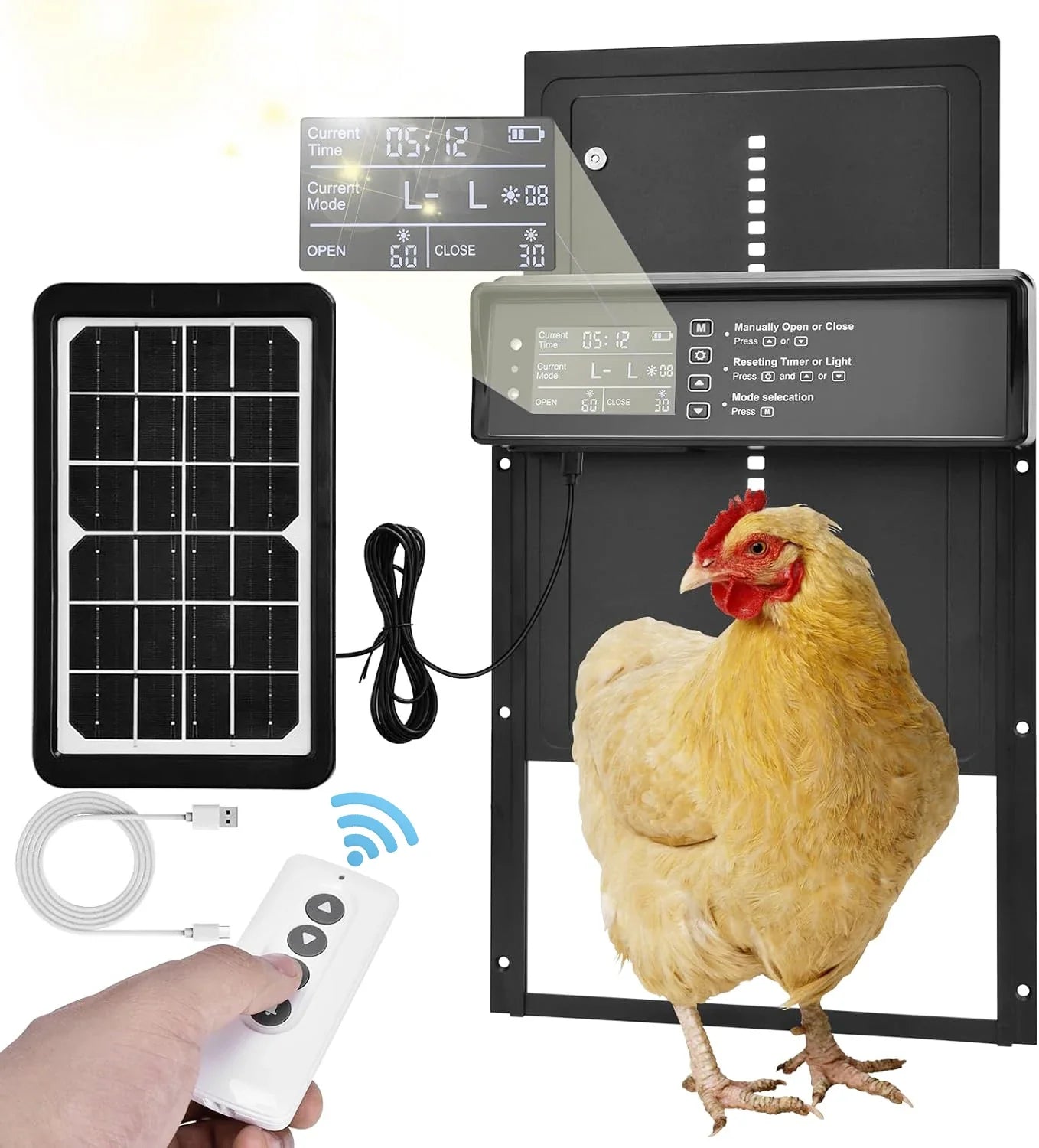Solar-Powered Auto Chicken Coop Door – Automatic with USB Charging, 4 Modes, Timer & Light Sensor