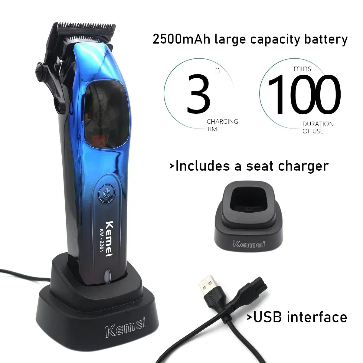 Kemei 2361 Professional Hair Clipper – 10000RPM Magnetic Motor, DLC Blade, Base Charger, Hair Trimmer for Men
