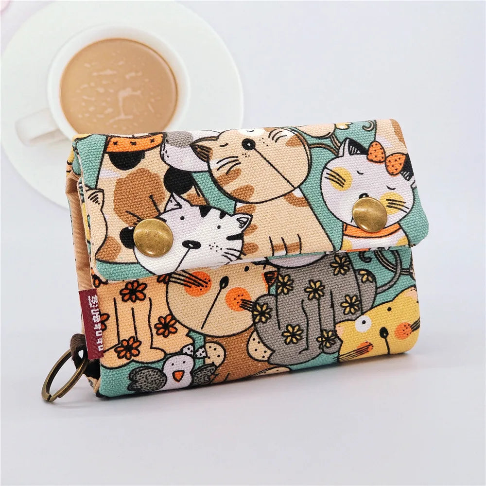 Women’s Canvas Cartoon Card Wallet – Foldable Key Organizer & Coin Purse, Small Pouch Money Bag for Girls 2024