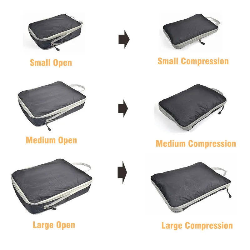 3-Piece Compressible Waterproof Nylon Packing Cubes Set – Portable Travel Storage Bags with Handbag Luggage Organizer
