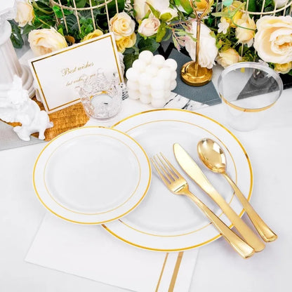 700PCS Gold Plastic Dinnerware Set – White & Gold Plates with 100 Napkins, Serves 100 Guests, Disposable Wedding Party Set