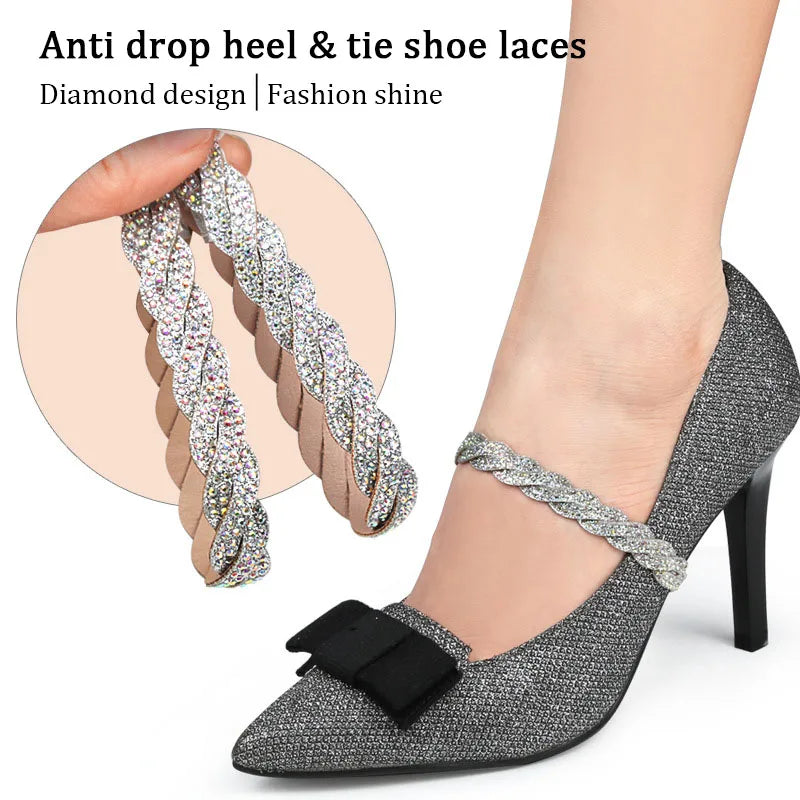 Women's Adjustable Ankle Shoe Belt - Holding Bundle Shoelaces Tie Straps Band - Elastic Rhinestone Shoelaces for High Heels