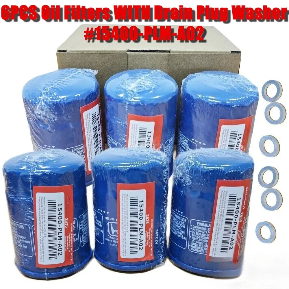 Honda Oil Filter 6-Piece Set - Genuine 15400-PLM-A02 Filters with Drain Plug Washers, New & Sealed