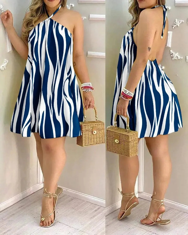 Women’s Tropical Print Halter Neck Backless Dress – Spring Summer Vacation Beach Party Sundress