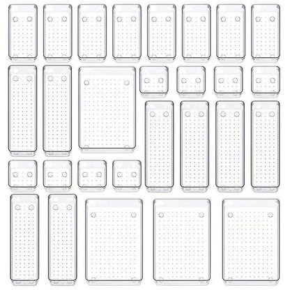 28PCS Clear Drawer Organizer Set - Multi-Size Storage Trays for Bathroom Vanity Kitchen & Bedroom