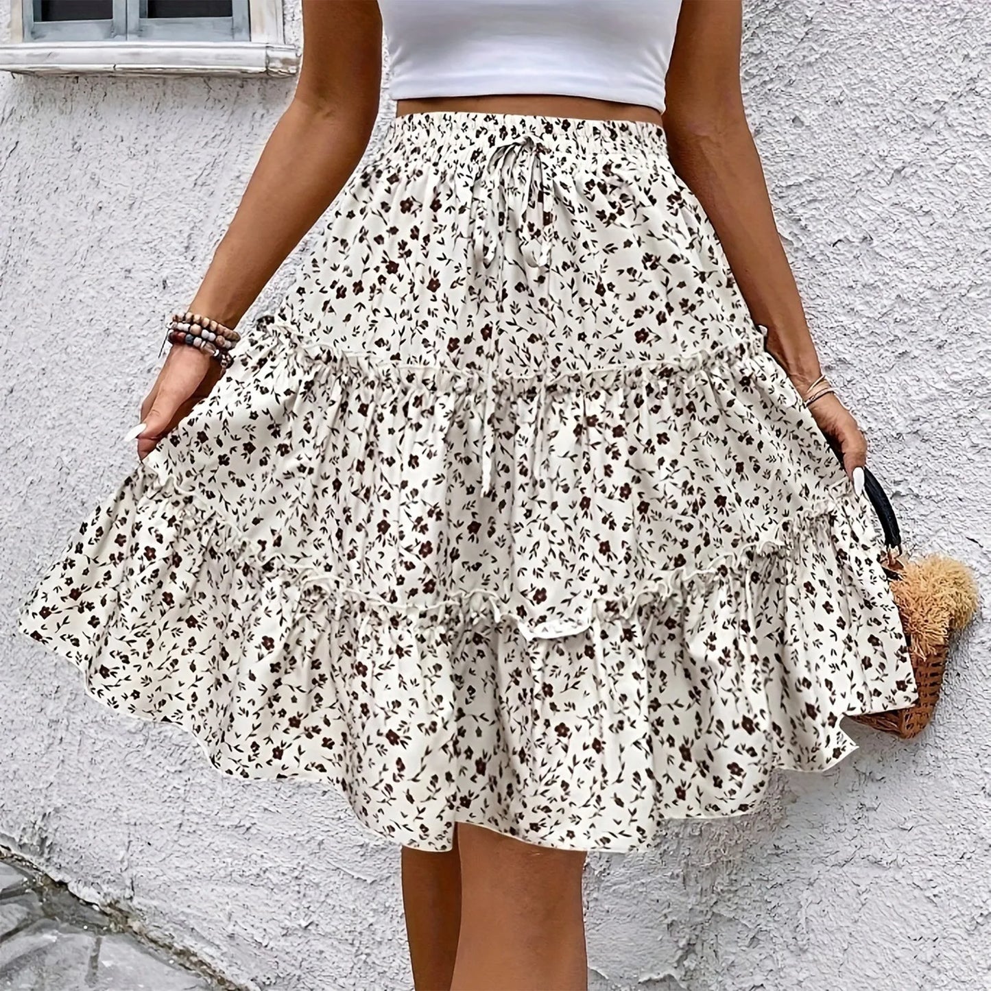 Women’s Floral Spliced Cake Skirt – Knee-Length Casual Skirt with Elastic Waist Strap, Comfortable Versatile Fashionable Design