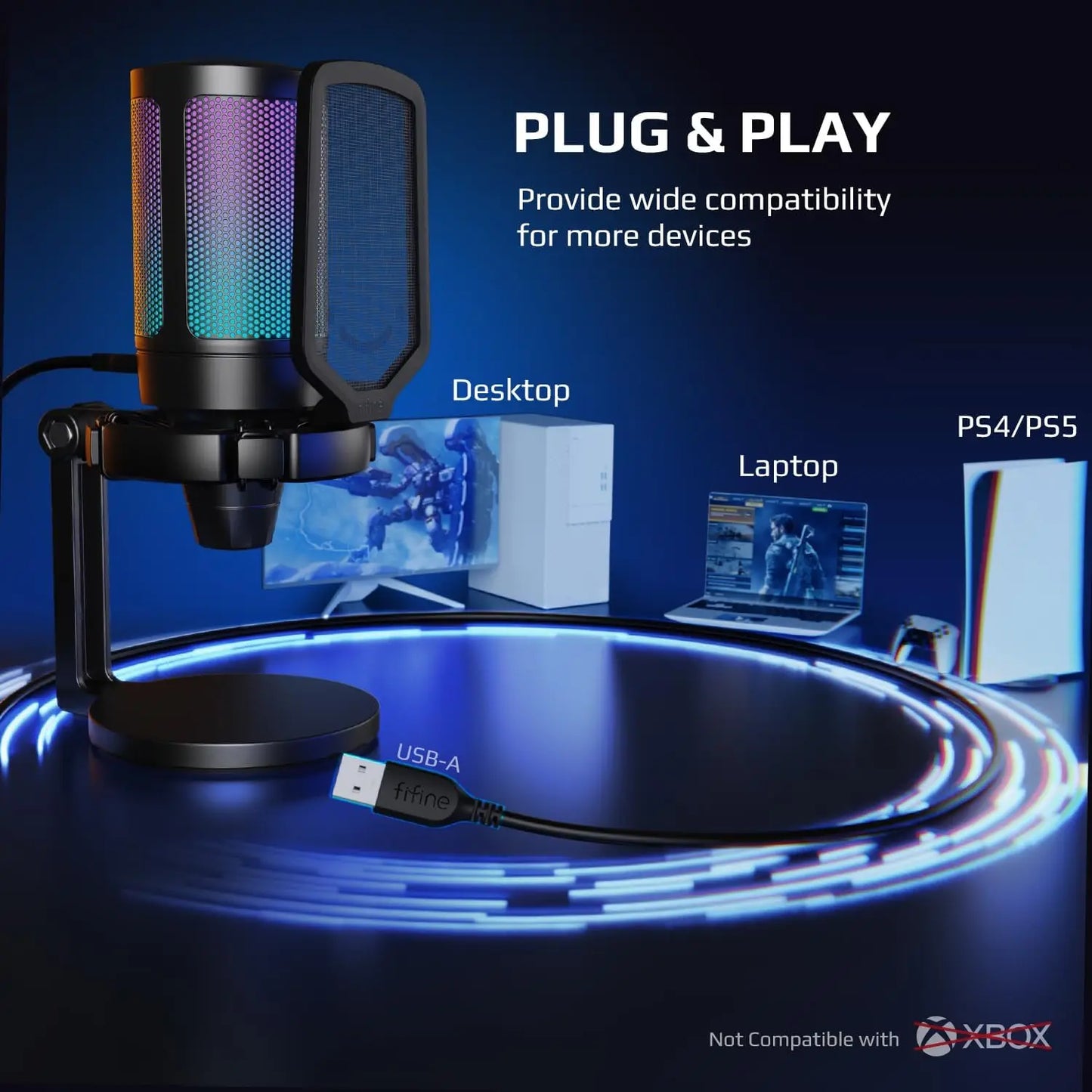 AmpliGame by FIFINE USB Gaming Microphone — RGB Condenser Mic with Gain Knob, Touch Mute for Streaming, Podcast, PC, Switch & PS5 A6NEO