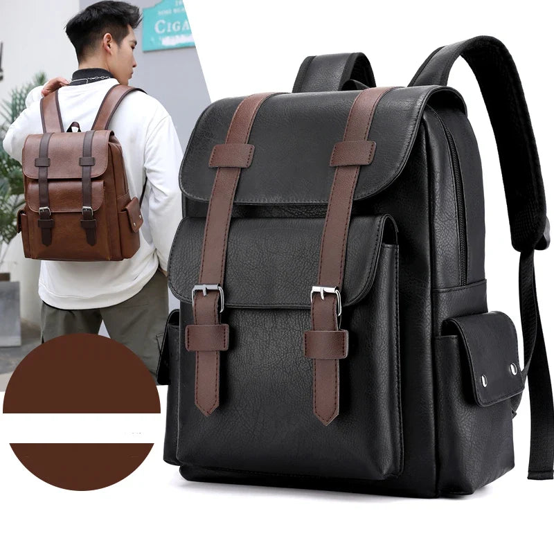 Men’s PU Leather Backpack - Large Laptop Bag Casual School Travel Backpack for Teen Boys