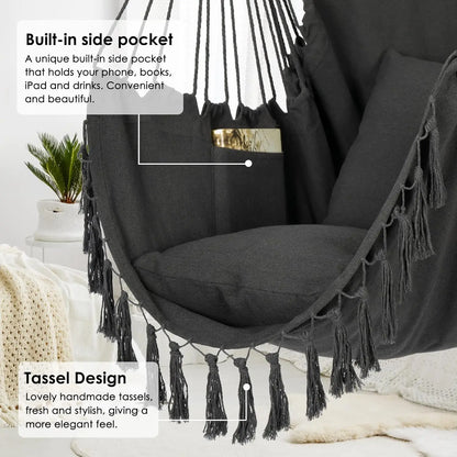 Macrame Hanging Chair with 2 Pillows – 500lb Cotton Rope Swing with Pocket Design for Indoor & Outdoor Use