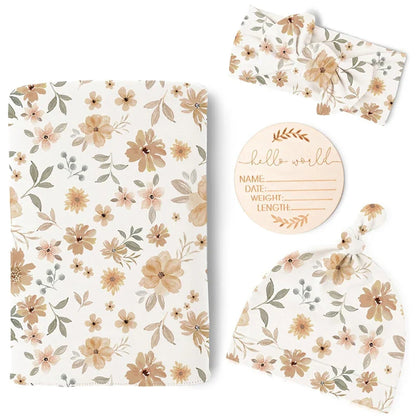 Newborn Baby Swaddle Blanket Set - Receiving Blanket with Matching Headband & Beanie (4-Piece Set)