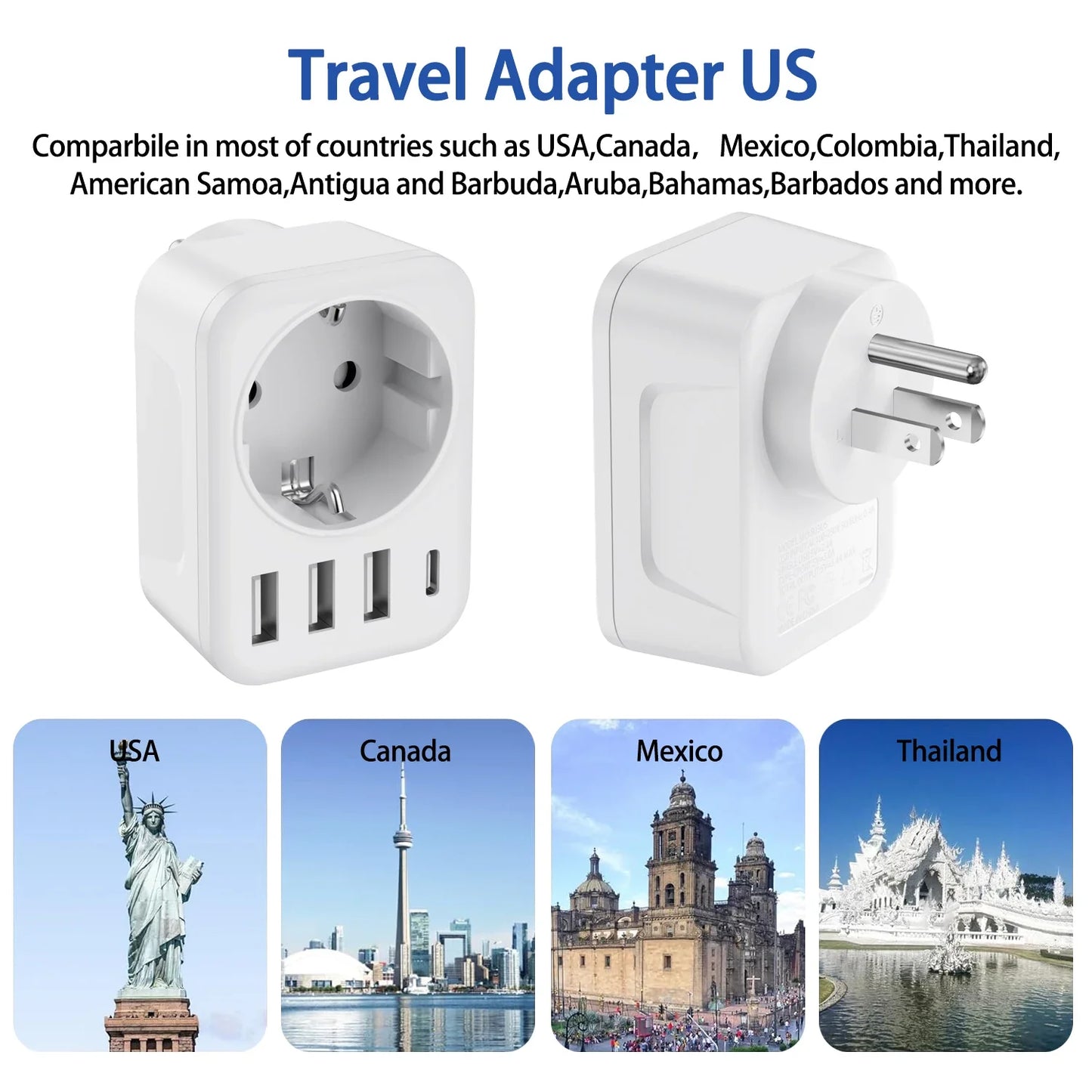 Travel Adapter USA to Europe — 3 USB + 1 Type-C Wall Socket Power Converter for America, Canada, Mexico