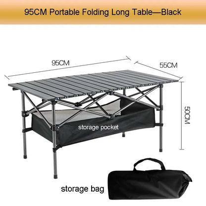 Outdoor Folding Long Table – Portable Black Camping Desk with Net Bag, Easy Setup & Stable for BBQs