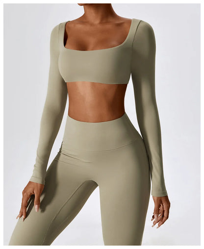 2PCS Seamless Women’s Yoga Set – Long Sleeve Crop Top & Leggings Workout Outfit, Athletic Gym Sportswear