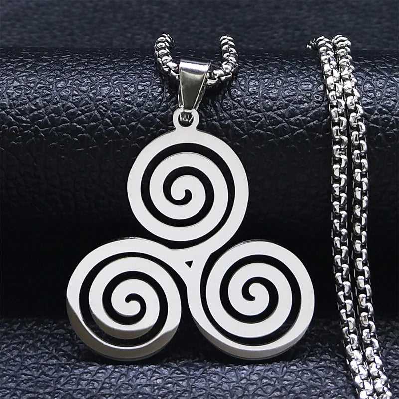 Stainless Steel Witchcraft Vortex Necklace – Viking Triskelion Celtic Knot Spiral, Silver Jewelry N7062S02