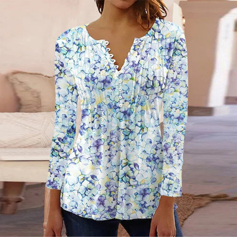2024 Trendy 3D Printed Women’s Blouse Shirt – V Neck Button-Up 3/4 Sleeve Elegant Spring Summer Fashion Top