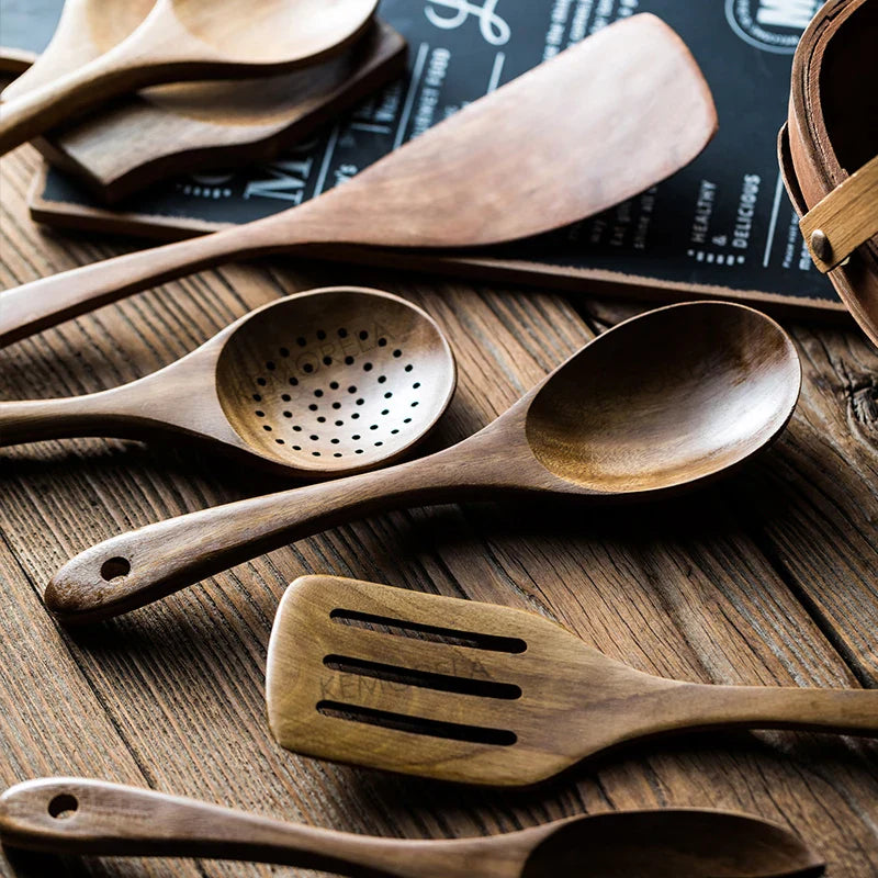 9PCS Teak Wooden Cooking Spoons Set – Kitchen Utensils with Holder