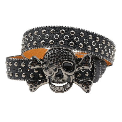 Women’s Rhinestone Skull Leather Belt – Luxury Designer Studded Strap for Jeans, White & Black