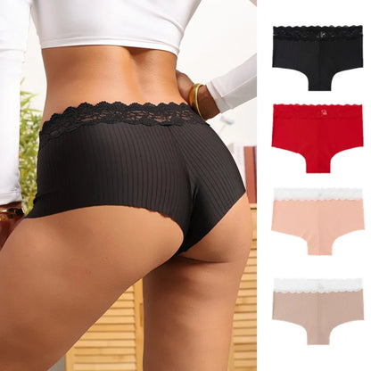 TrowBridge Women’s Seamless Silk Satin Panties – Lace Hollow Breathable Boyshort Underwear