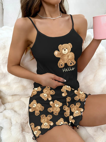 Women’s Black Bear Pajama Set - Cute Sling Crop Top & Shorts Summer Loungewear Sleepwear