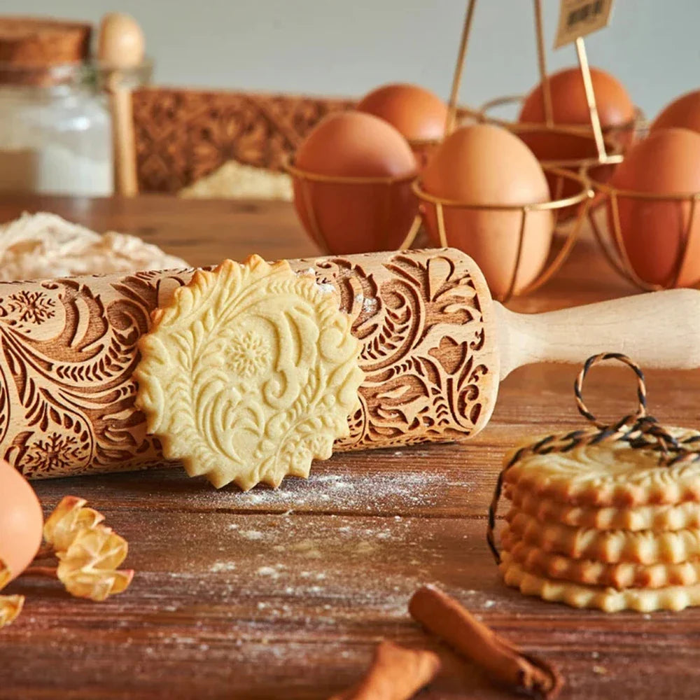 Arjmide 35X4.5CM European Retro Flower Window Grilles Wooden Embossed Cookies Rolling Pin - Deep Engraved 3D Mold for Baking - ZM006