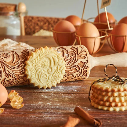 Arjmide 35X4.5CM European Retro Flower Window Grilles Wooden Embossed Cookies Rolling Pin - Deep Engraved 3D Mold for Baking - ZM006