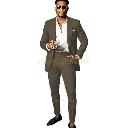 Men's Brown 2 Piece Suit - Shawl Collar Single Breasted Tuxedo Blazer & Pants Set For Wedding, Business & Formal Events