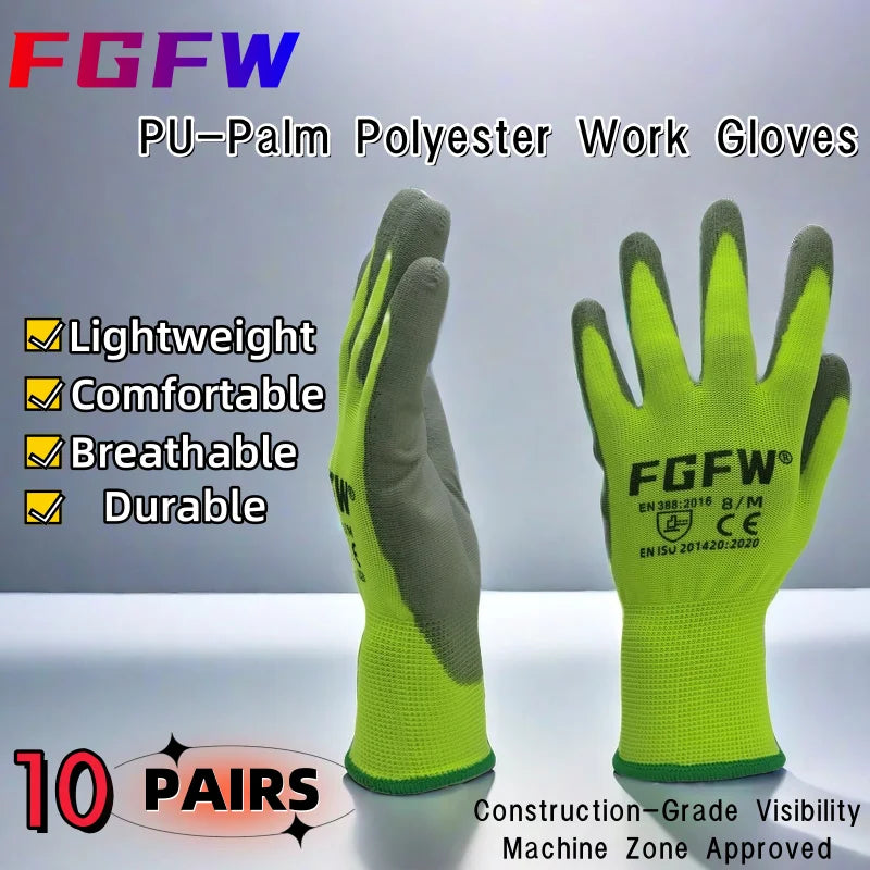 10-Pair PU Coated Work Gloves - Lightweight Durable Safety Gloves, EN 388 & ISO 20471 Certified, S–XL