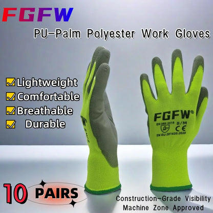 10-Pair PU Coated Work Gloves - Lightweight Durable Safety Gloves, EN 388 & ISO 20471 Certified, S–XL