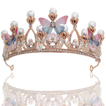 Model Catwalk Princess Crown - Handmade Butterfly Pearl Headband Tiara for Girls