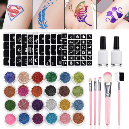 Temporary Glitter Tattoos Kit — 24 Colors with Glue & Stencils, Face & Body Makeup Set for Party & Music Festivals