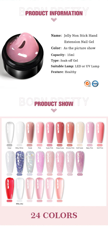 BORN PRETTY 15ml Clear Non-Stick Hand Extension Gel - 3D Shaping Nail Art, Milky Jelly Hard Gel for Fake Nails