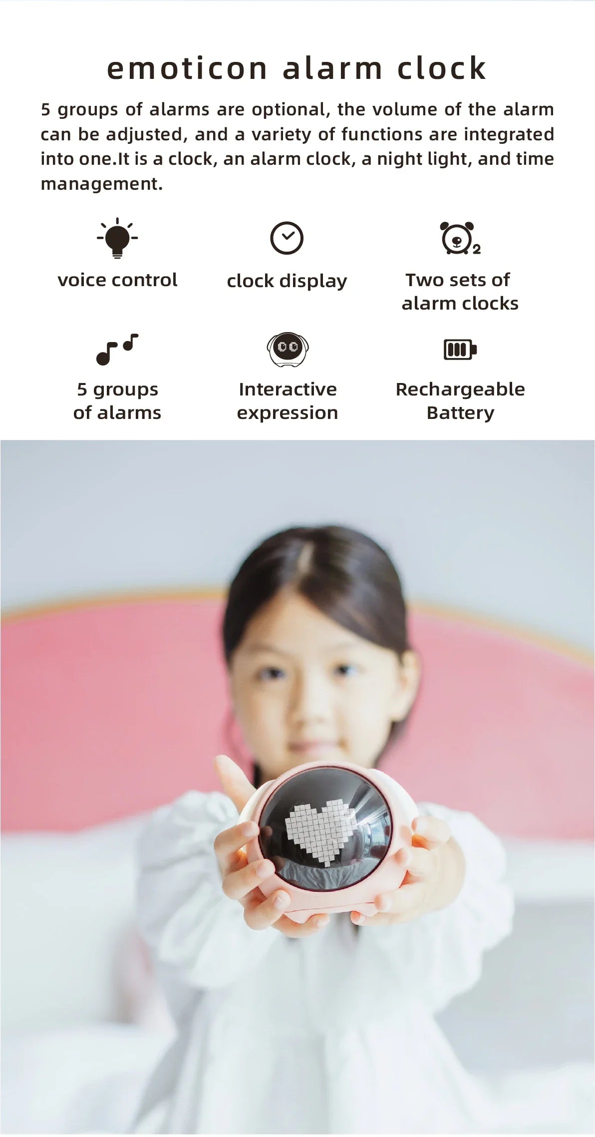 Digital Kids Alarm Clock with Light — Cute Cartoon Emotion Table Clock for Children