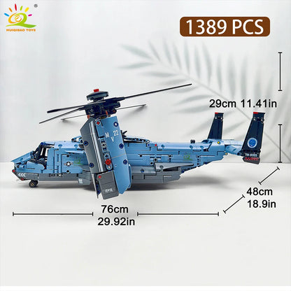 HUIQIBAO MOC 1389PCS V-22 Tiltrotor Aircraft Building Blocks – Military Helicopter Model Toy for Kids & Home Decor