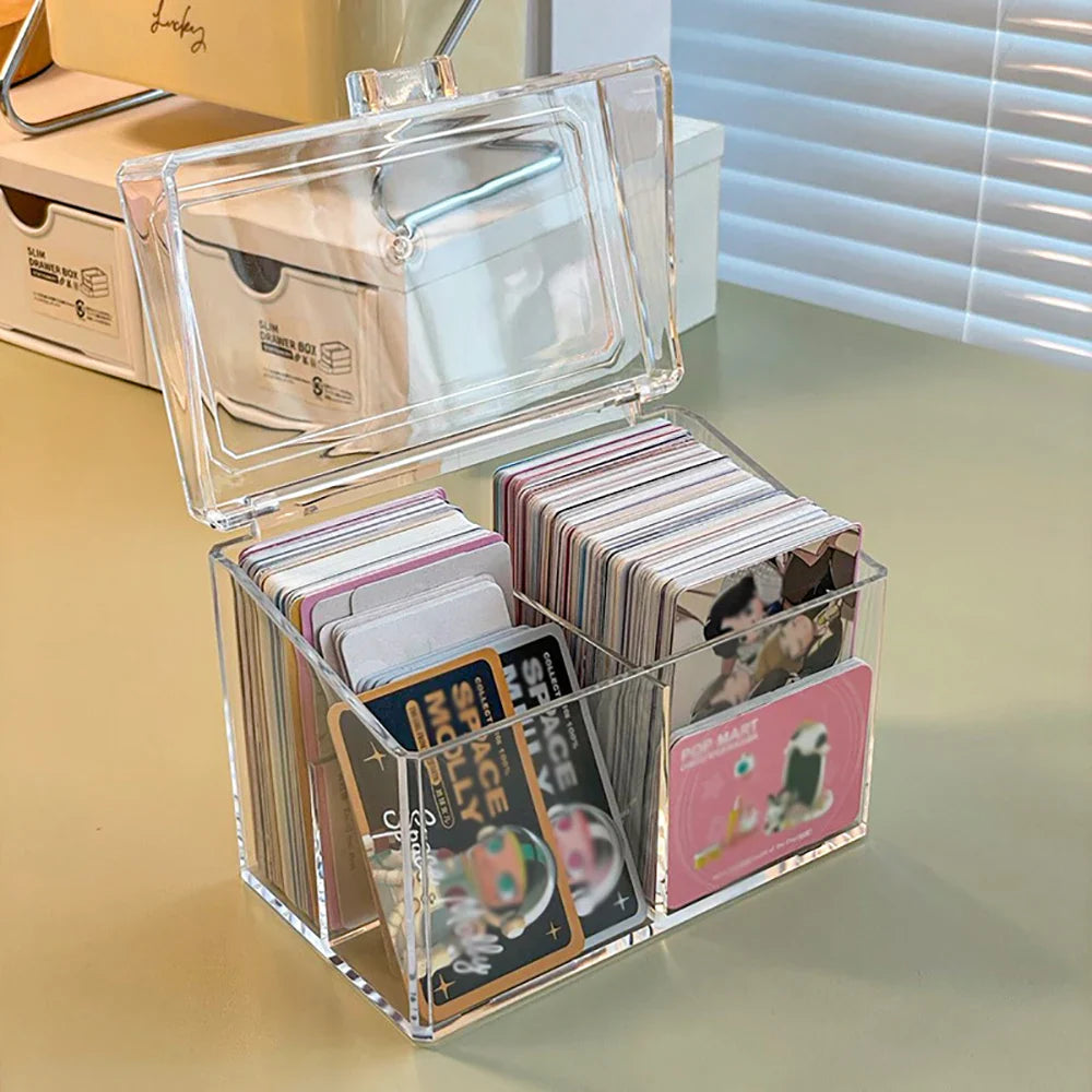 Multifunctional Acrylic Card Storage Box – 12x10.5cm Display Case with 2 Compartments, Holds 400 Postcards or Photos