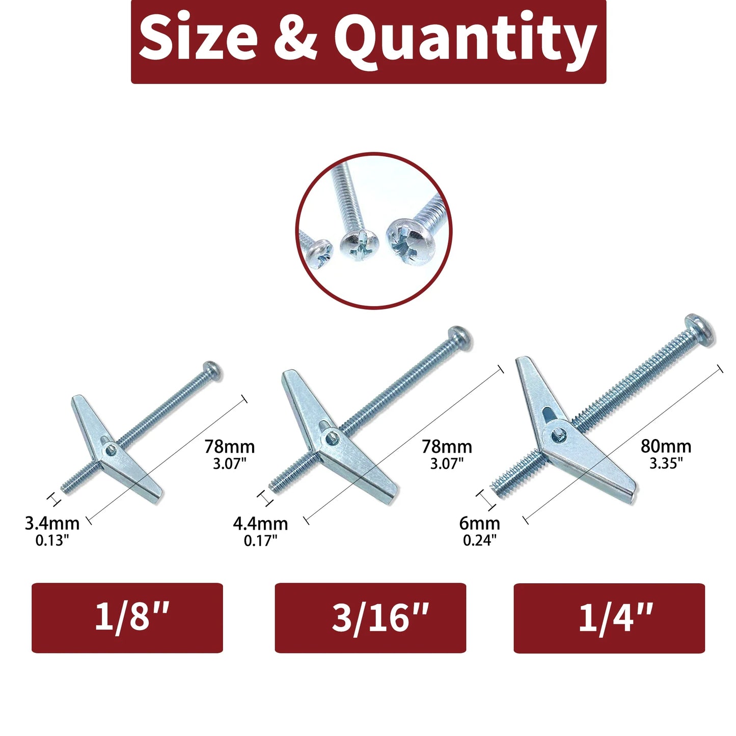 5-Piece Toggle Bolt & Wing Nut Set — Heavy-Duty Drywall Hanging Hardware 1/8", 3/16", 1/4"