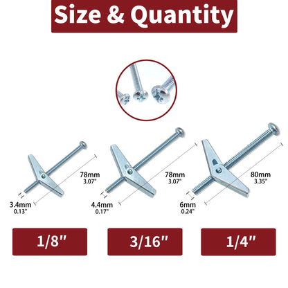 5-Piece Toggle Bolt & Wing Nut Set — Heavy-Duty Drywall Hanging Hardware 1/8", 3/16", 1/4"
