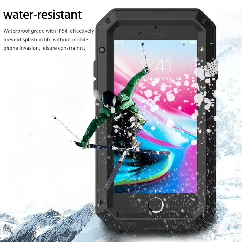 Heavy Armor Metal Rugged Case for iPhone 16/15/14/13/12/11 Pro Max/XR/XS/8 Plus – Shockproof Premium Cover with Gorilla Screen Protector